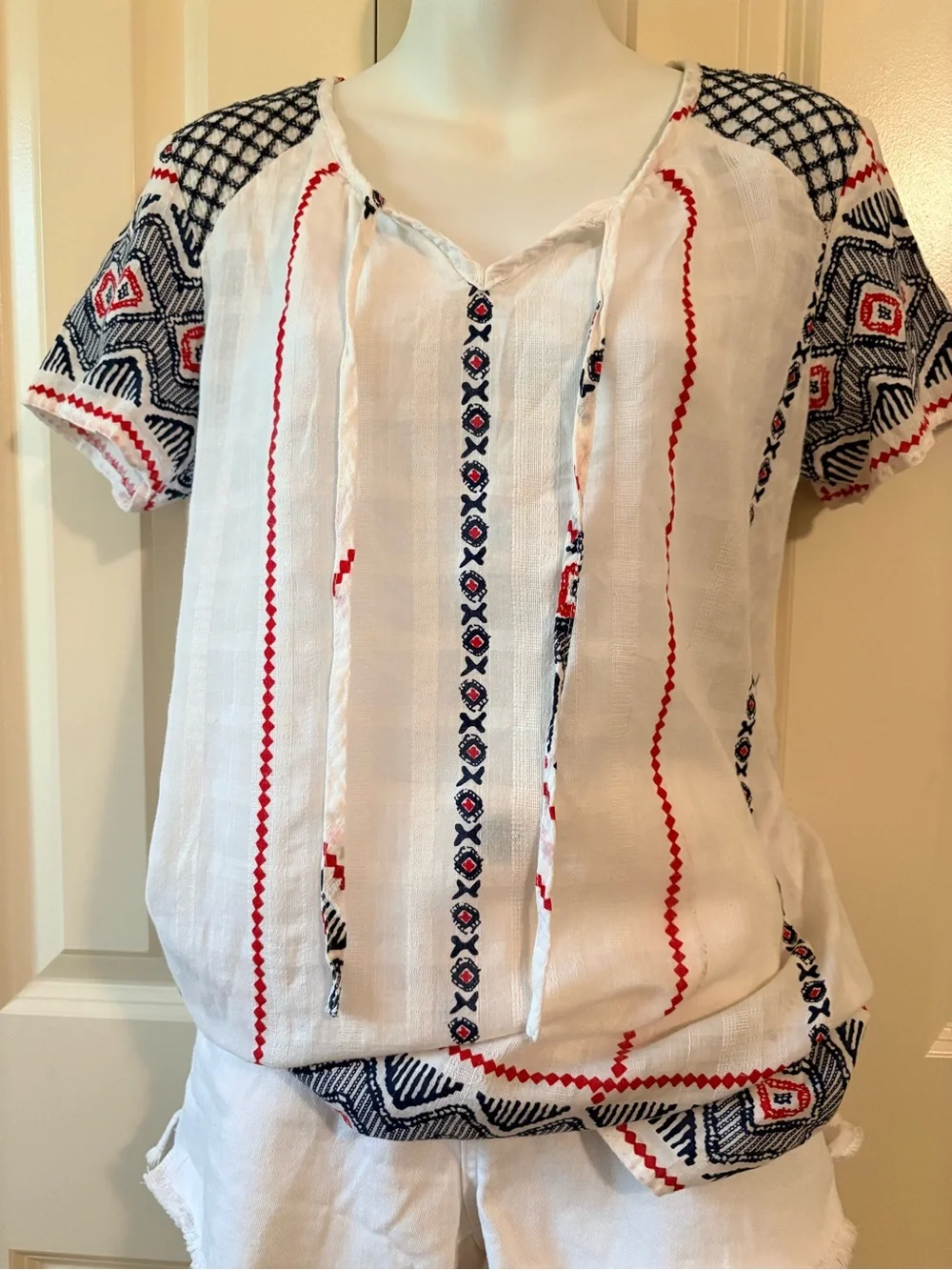 Women’s White Embroidered Peasant Top with Red & Navy Accents, size M - Picture 3 of 6